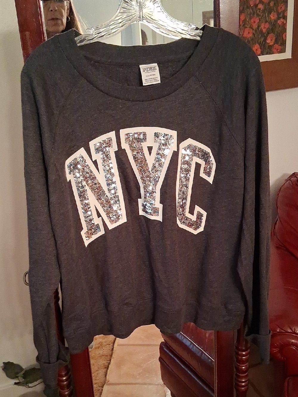 PINK Victoria's Secret Dark Gray Sequin NYC Crewneck Sweatshirt